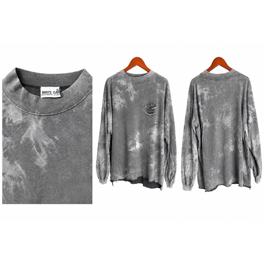 Vintage Acid Wash White Oak Men Long Sleeve Chest Pocket Distressed T-Shirt XL